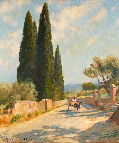 Gabriel AMORETTI (1861-1947) Le chemin à travers les cyprès Huile sur toile, signée...