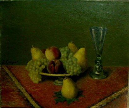 Etienne CORPET (1877-1954) Nature morte au panier de fruits et au verre Huile sur...