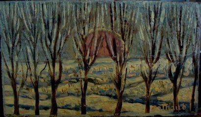 Louis CATTIAUX (né en 1904) Coucher de soleil en hiver Huile sur panneau, signée...