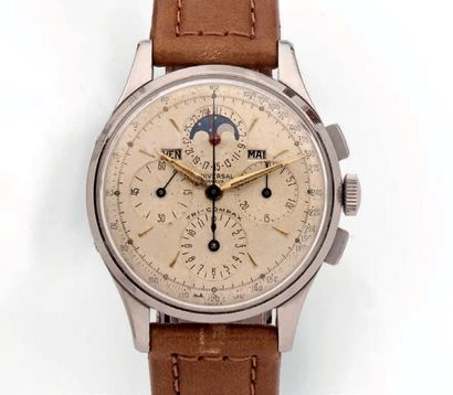 UNIVERSAL GENEVE Tri-Compax Vers 1940 N°22279-2. 1665716 Chronographe en acier triple...