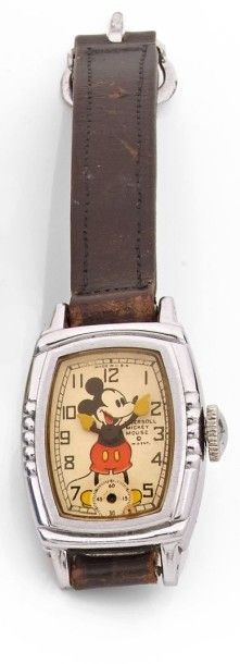 INGERSOLL Mickey Mousse. Vers 1940 Rare montre en métal chromé rectangulaire. Cadran...