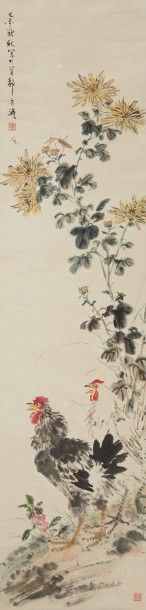 null Poules, insectes et chrysanthèmes avec poème Encres sur papier scellé Haut.:...