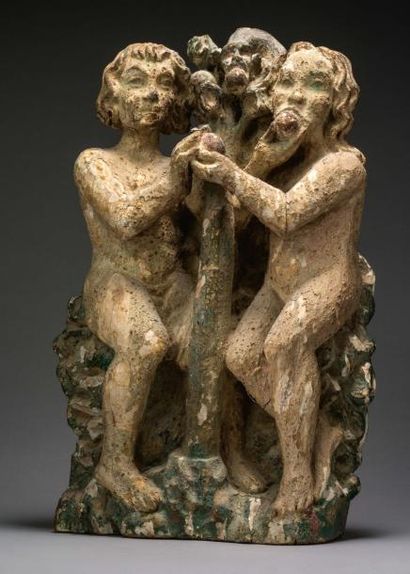 null Le péché Originel - la Tentation d'Adam et d'Eve Statuette en bois sculpté relaqué...