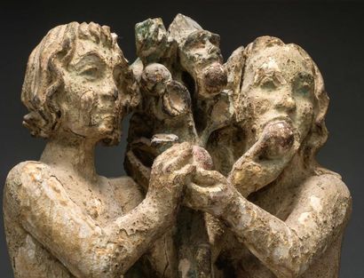 null Le péché Originel - la Tentation d'Adam et d'Eve Statuette en bois sculpté relaqué...