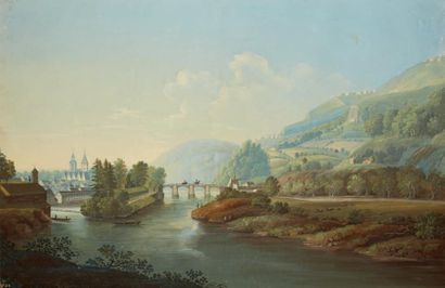 ÉCOLE SUISSE VERS 1840 Vue d'un fleuve avec des fortifications Gouache 43 x 55 c...