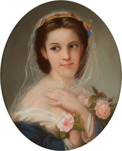 Ecole Française du XIXème Portait de femme au bouquet de roses Pastel 53 x 43 cm