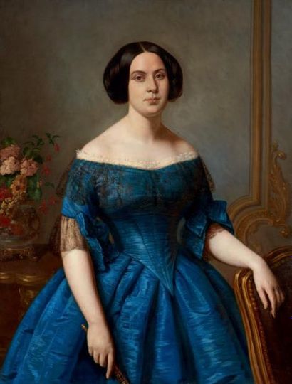 F.GUILLARD Ecole française du XIXème Portrait de jeune femme en robe bleue s'appuyant...