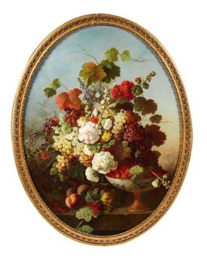 Martinet Grand bouquet de fleurs sur un entablement Huile sur toile ovale 129 x 96...