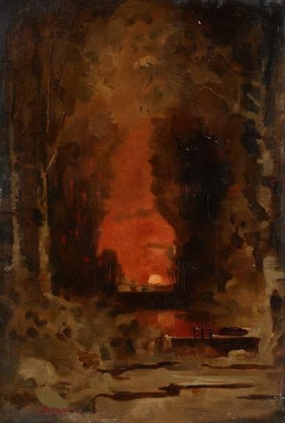 Attribué à Théodore ROUSSEAU (1812-1867) Soleil couchant dans la forêt Huile sur...