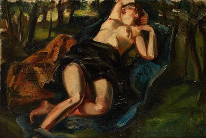 André FAVORY (circa 1888-1937) La sieste dans la forêt Huile sur toile 50 x 73 cm...