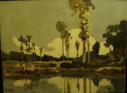 Lucien PERI (1880-1948) Paysage au bord d'un lac Huile sur toile, signée en bas à...