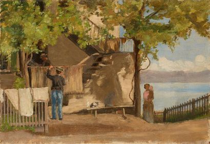 D'après François-Louis-David BOCION (1828-1890) Scène de village Huile sur toile...
