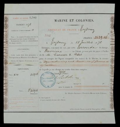 null 3 Traites de "Marine et Colonies " Consulat de France à Sydney, 1878 - Traites...