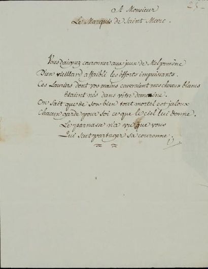 VOLTAIRE, François-Marie Arouet, dit L.s. de son monogramme «v». (Paris) s.d., vrais....
