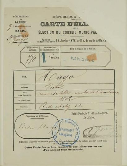 HUGO, Victor (1802-1885) Carte d'Électeur, 1878. Carte délivrée à "Victor HUGO, homme...