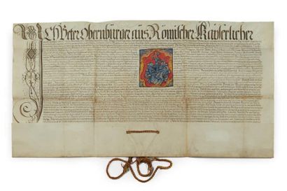 (CHARLES QUINT, 1555) Anoblissement et armoiries. Parchemin écrit en allemand et...