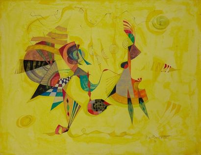 Pierre de BERROETA (1914-2004) Composition sur fond jaune, 1991 Aquarelle et gouache,...