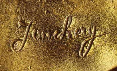 Charles-Emile JONCHERY (1873-1937) Encrier en bronze doré présentant deux réceptacles...
