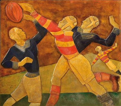 Manfredo BORSI (1900-1967) «Rugby» Panneau en staff et bois sculpté en relief rehaussé...