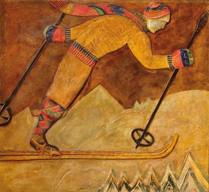 Manfredo BORSI (1900-1967) «Skieurs» Panneau en staff et bois sculpté en relief rehaussé...