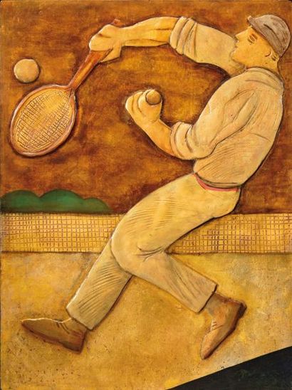 Manfredo BORSI (1900-1967) «Tennis» Panneau en staff et bois sculpté en relief rehaussé...