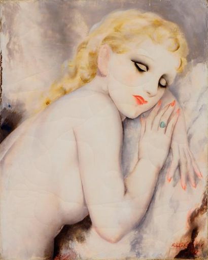 Micao KONO (1876-1954) «Jeune femme endormie» Huile sur toile. Signée et datée (1934)...