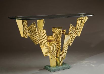 ALAIN CHERVET (né en 1944) Console-sculpture modèle "Château" à plateau cintré en...