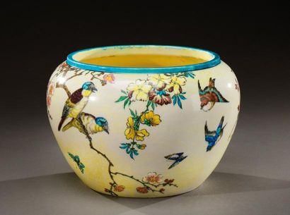 Théodore DECK (1823-1891) Cache-pot circulaire en céramique émaillée polychrome à...