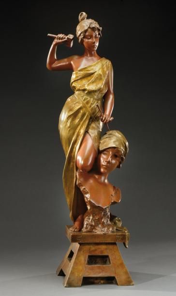 EMMANUEL VILANIS (1858-1914) Sculpture en bronze à patine cuivrée, verte et dorée...