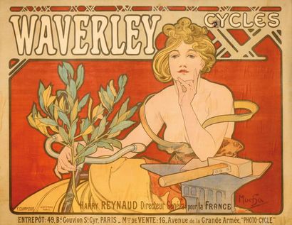 ALPHONSE MARIA MUCHA (1860-1939) «Waverley cycles» Rare affiche publicitaire couleur...