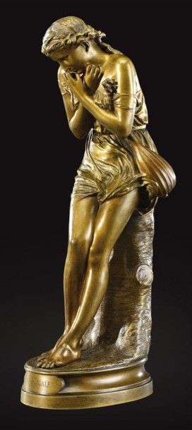 ANNA CARRIER (XIXème) «La Cigale» Epreuve en bronze doré figurant une femme les bras...