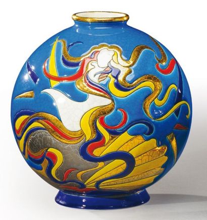 LONGWY ET C.DIDIER "Vénus" Vase de forme ovoïde à col étranglé en céramique émaillée...