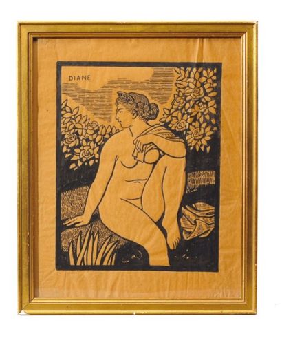Jules MIGONNEY (1876-1929) "Diane au bain" Bois gravé. 25 x 19.5 cm