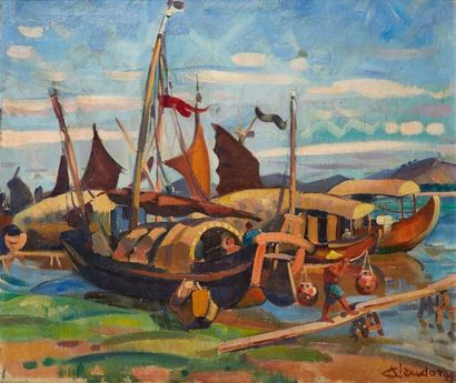 André CLAUDOT(1892-1982) Jonques, 1929 Huile sur toile, signée et datée en bas à...