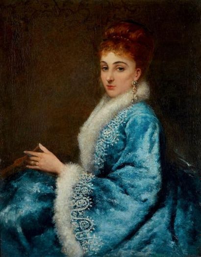 Maurice POIRSON (1850-1882) Portrait de jeune femme en robe bleue, 1874 Huile sur...