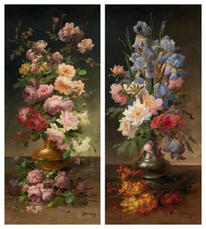 Roger GODCHAUX (1878-1958) Bouquet de fleurs Paire d'huiles sur toile, signées en...