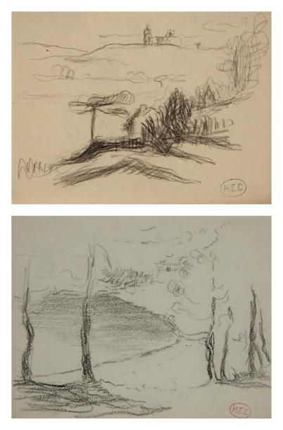 Henri Edmond CROSS (1856-1910) Etudes de paysages Crayon sur deux feuilles de papier,...
