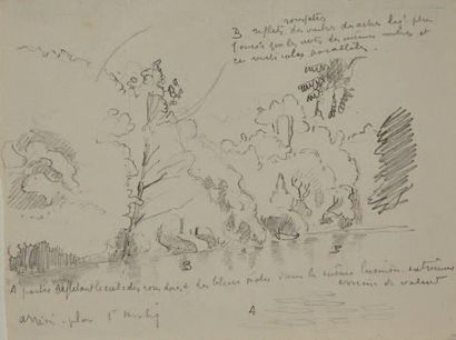 Henri Edmond CROSS (1856-1910) Etude de bord de lac Crayon sur papier, annoté 10...