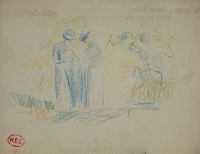 Henri Edmond CROSS (1856-1910) Deux personnages dans un paysage Crayon gras sur papier,...