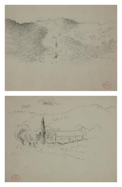 Henri Edmond CROSS (1856-1910) Etude de paysages Crayon sur deux feuilles de papier,...