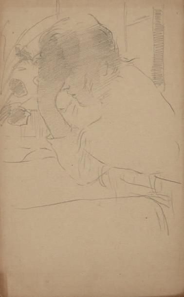 Henri Edmond CROSS (1856-1910) Etude d'une femme accoudée Crayon sur papier, marqué...