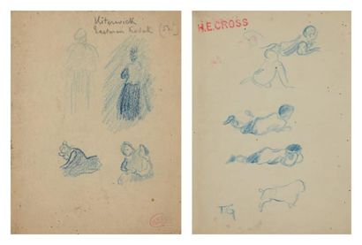 Henri Edmond CROSS (1856-1910) Etudes de personnages Crayon gras sur deux feuilles...