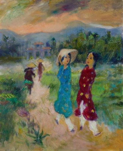 JEAN VOLANG (1921-2005) Deux jeunes vietnamiennes Huile sur toile 73 x 60 cm - 28...