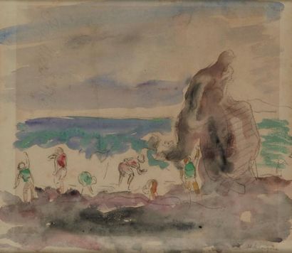 Henri LEBASQUE (1865-1937) Jeunes enfants sur la plage Aquarelle et crayon, signée...