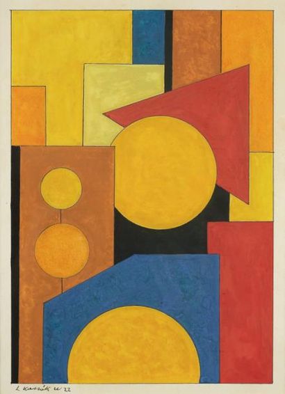 Lajos KASSAK (1887-1967) Ecole hongroise Composition aux cercles jaunes et triangle...
