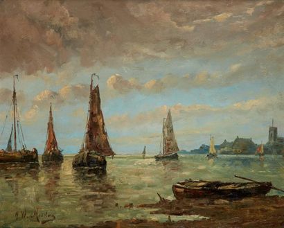 Hendrik Willem MESDAG (1831-1915) Baie au soleil couchant Huile sur panneau, signée...