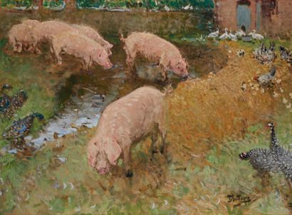 Pierre Eugène MONTEZIN (1874-1946) Les porcs ou basse-cour Huile sur toile, signée...
