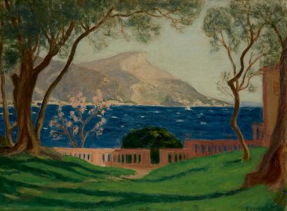 Eugène DURENNE (1860-1944) Terrasse au bord de la mer à Antibes Huile sur toile,...
