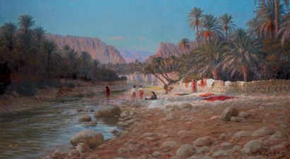 Antoine GADAN (1854-1934) Les lavandières dans l'oasis Huile sur toile, signée en...