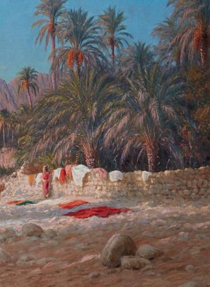 Antoine GADAN (1854-1934) Les lavandières dans l'oasis Huile sur toile, signée en...